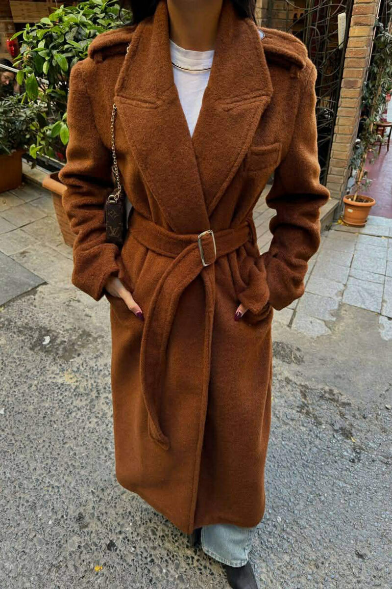 ONE COLOR LONG BELT DETAIL WOMEN COAT BROWN/KAFE - 3
