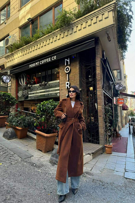 ONE COLOR LONG BELT DETAIL WOMEN COAT BROWN/KAFE - 5