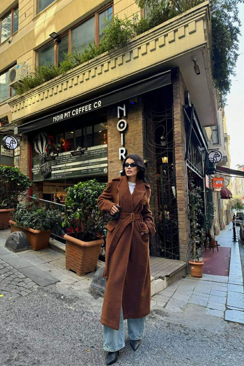 ONE COLOR LONG BELT DETAIL WOMEN COAT BROWN/KAFE - 5