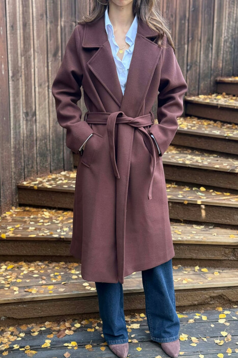 ONE COLOR LONG BELT DETAIL WOMEN COAT BROWN/KAFE - 3