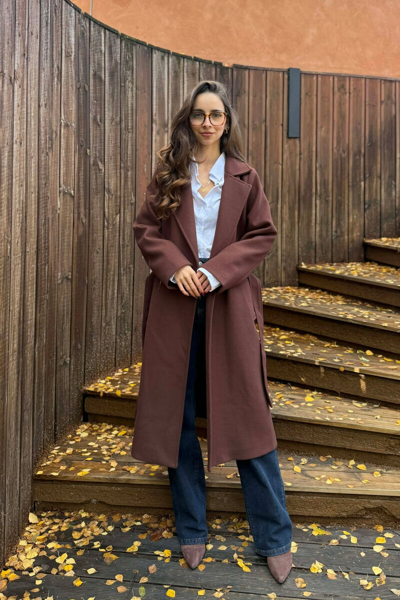ONE COLOR LONG BELT DETAIL WOMEN COAT BROWN/KAFE - 4
