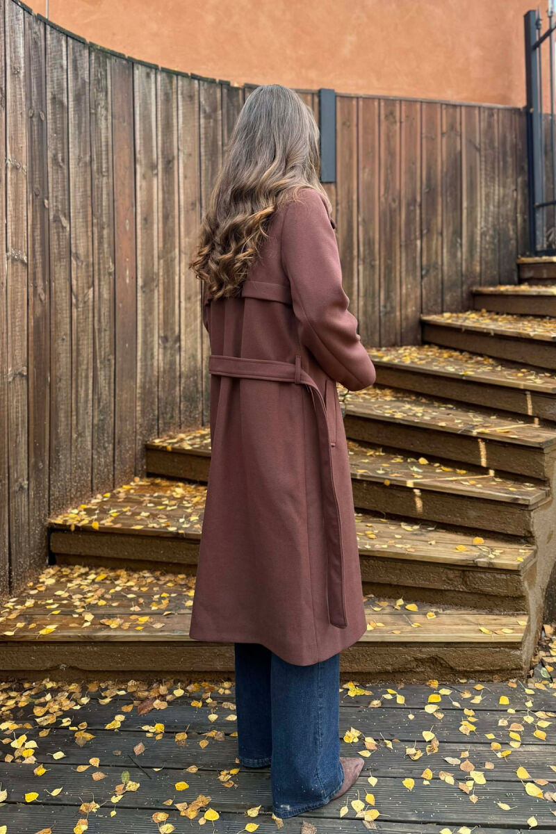 ONE COLOR LONG BELT DETAIL WOMEN COAT BROWN/KAFE - 5