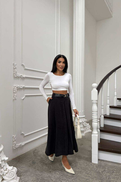 ONE COLOR LONG BELTED WOMEN SKIRT BLACK/ E ZEZE - 3
