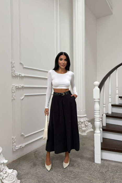 ONE COLOR LONG BELTED WOMEN SKIRT BLACK/ E ZEZE - KLAUDIO FASHION