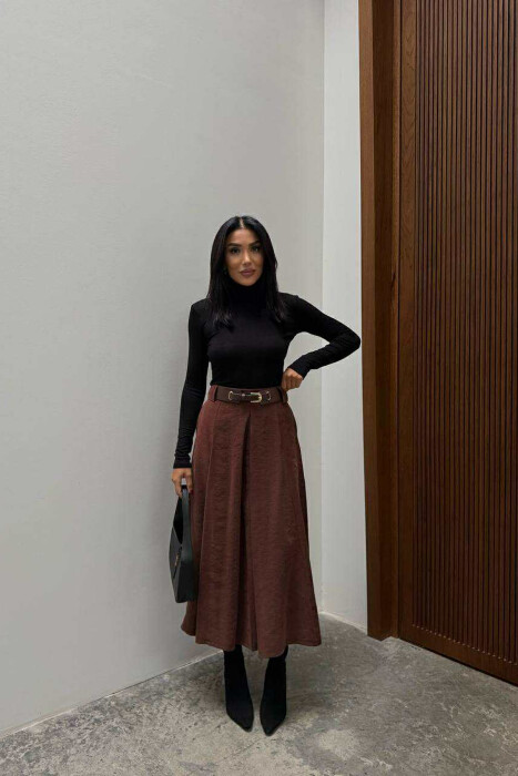 ONE COLOR LONG BELTED WOMEN SKIRT BROWN/KAFE - 1