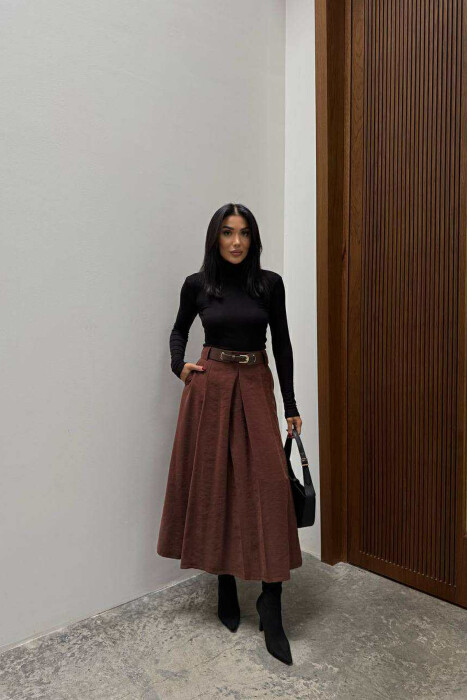 ONE COLOR LONG BELTED WOMEN SKIRT BROWN/KAFE - 2