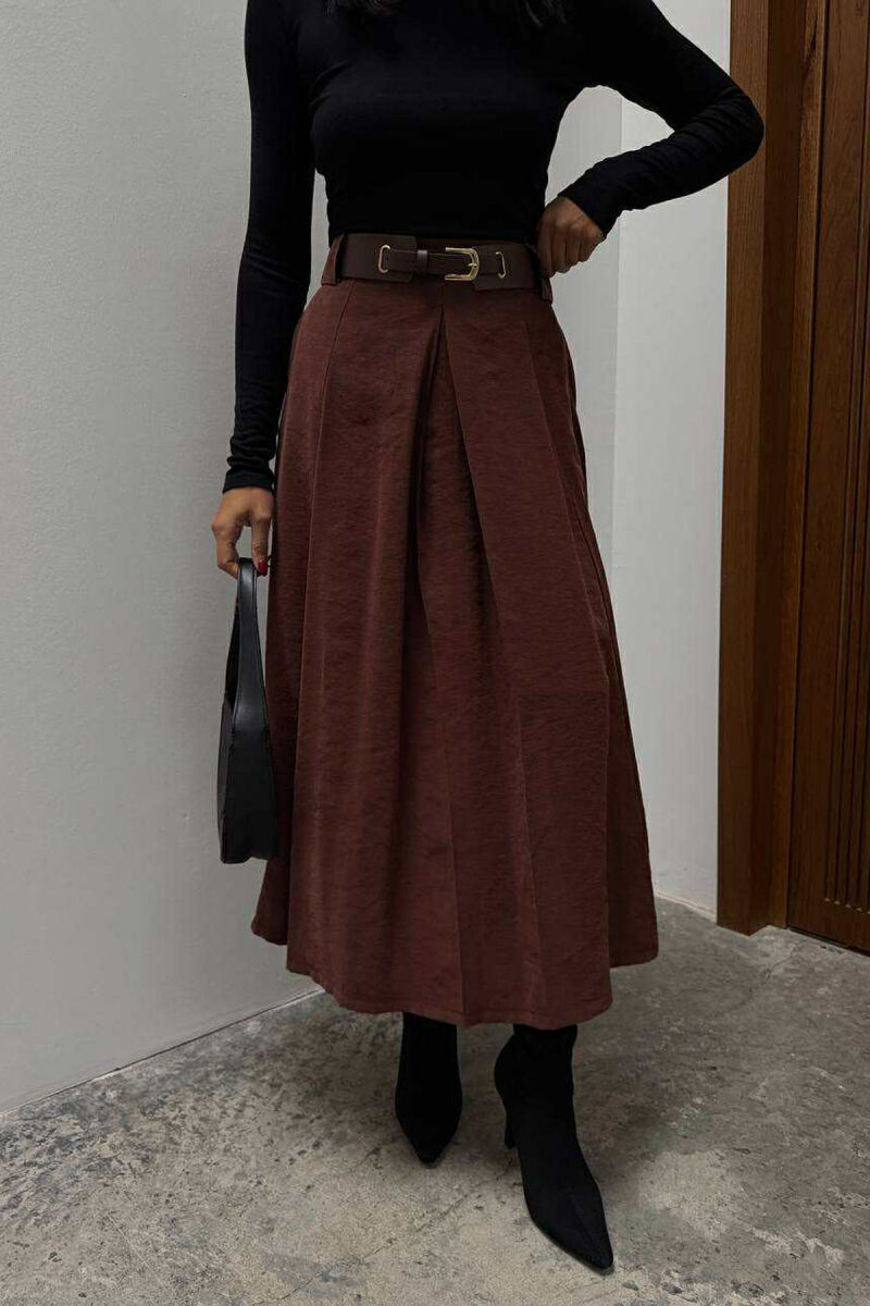ONE COLOR LONG BELTED WOMEN SKIRT BROWN/KAFE - 3
