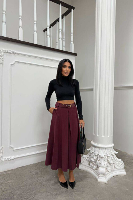 ONE COLOR LONG BELTED WOMEN SKIRT BURGUNDY/VISHNJE - KLAUDIO FASHION