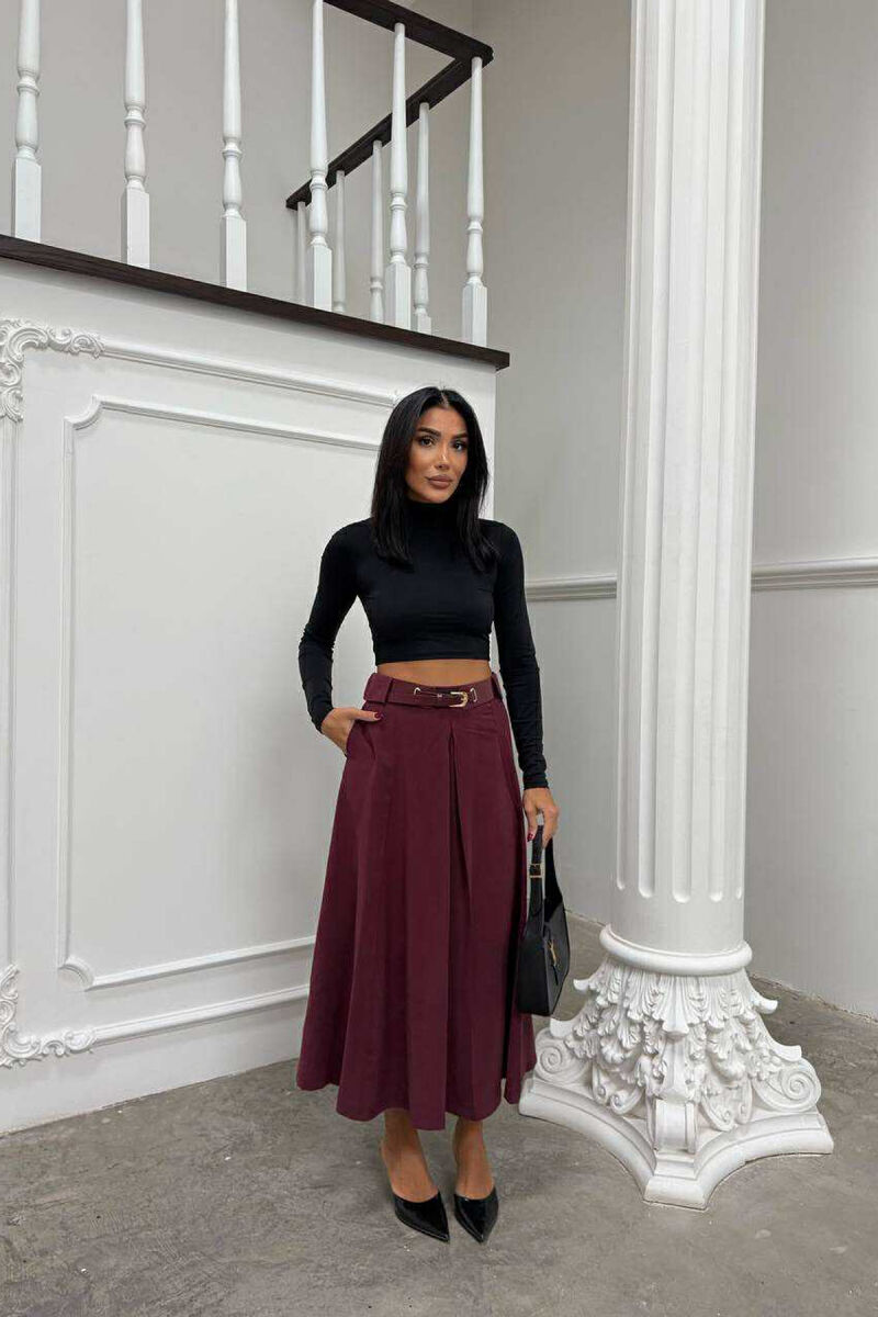ONE COLOR LONG BELTED WOMEN SKIRT BURGUNDY/VISHNJE - 1