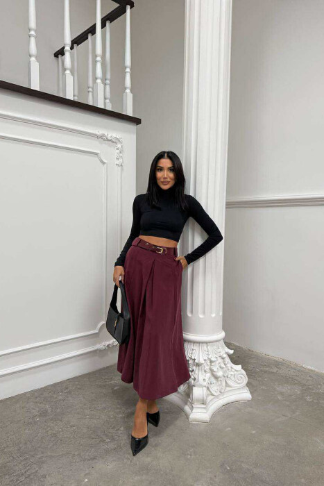 ONE COLOR LONG BELTED WOMEN SKIRT BURGUNDY/VISHNJE - 2