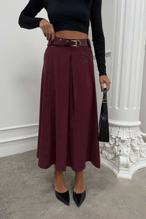 ONE COLOR LONG BELTED WOMEN SKIRT BURGUNDY/VISHNJE - 3