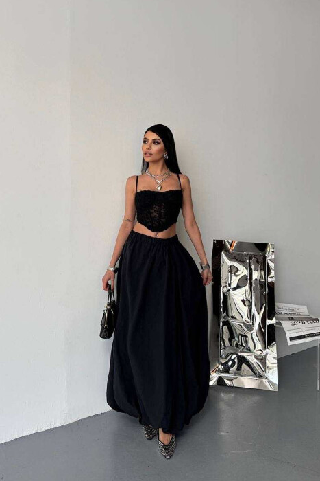 ONE COLOR LONG ELASTIC WAIST WOMEN SKIRT BLACK/ E ZEZE - 1