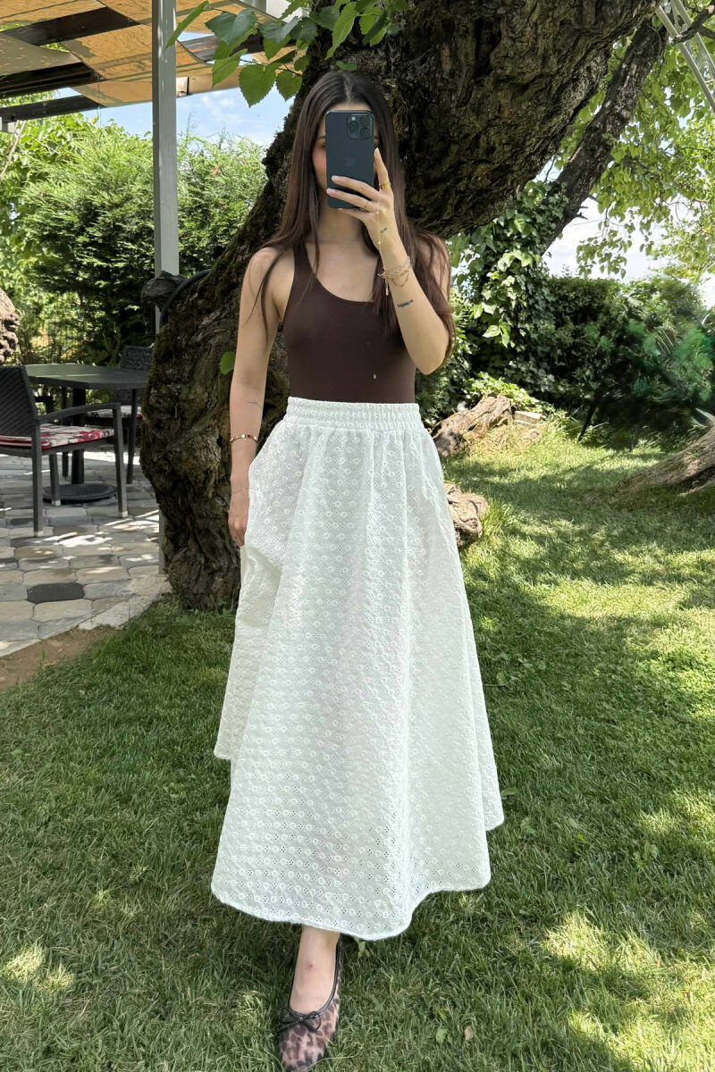 ONE COLOR LONG ELASTIC WAIST WOMEN SKIRT WHITE-E BARDHE - 1