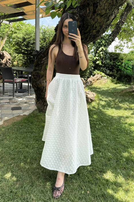 ONE COLOR LONG ELASTIC WAIST WOMEN SKIRT WHITE-E BARDHE - 5