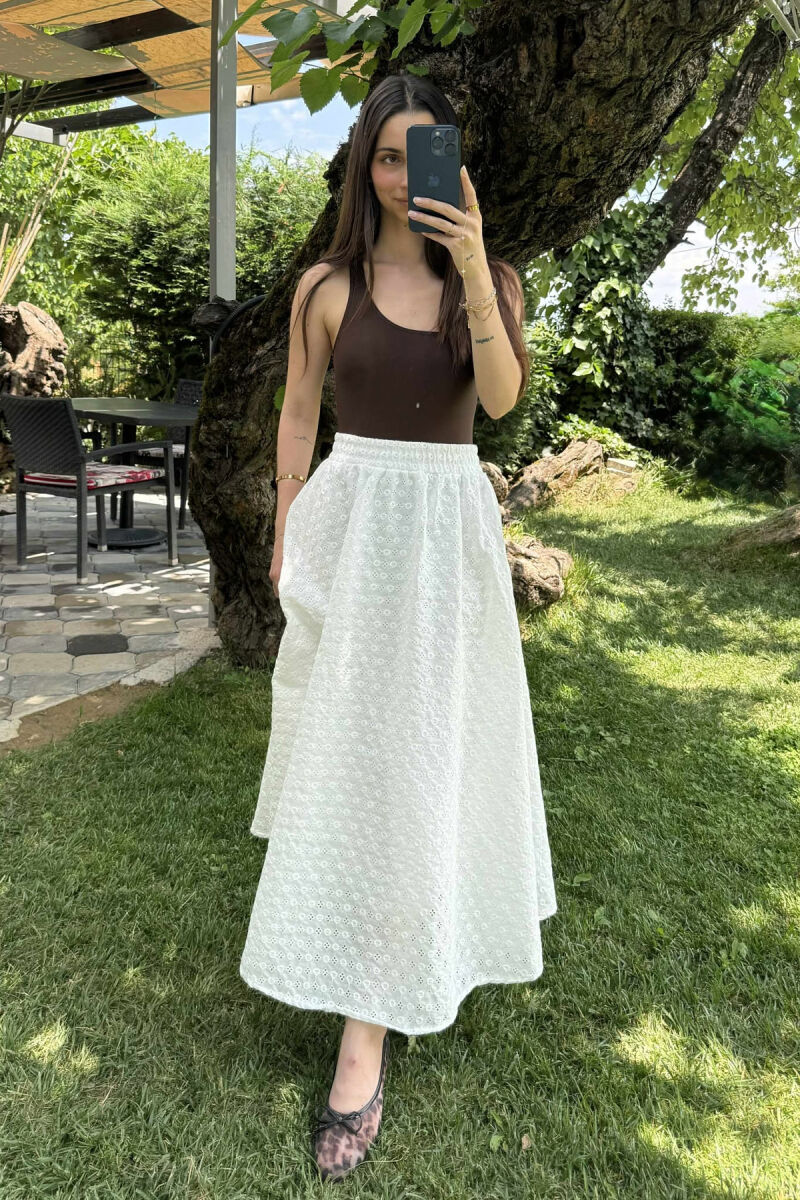 ONE COLOR LONG ELASTIC WAIST WOMEN SKIRT WHITE-E BARDHE - 5