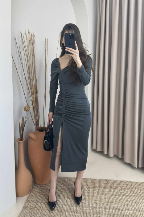 ONE COLOR LONG ELASTIC WOMEN DRESS GREY/GRI - KLAUDIO FASHION