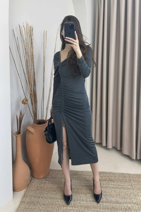 ONE COLOR LONG ELASTIC WOMEN DRESS GREY/GRI - 2