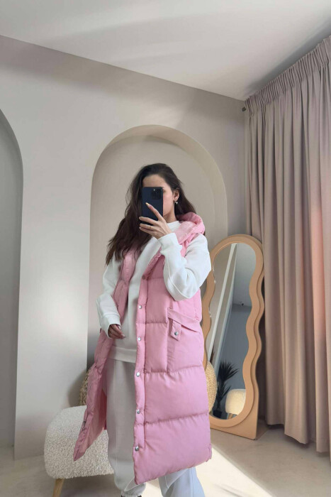 ONE COLOR LONG HOOD WOMEN VEST BABY PINK/ROZB 