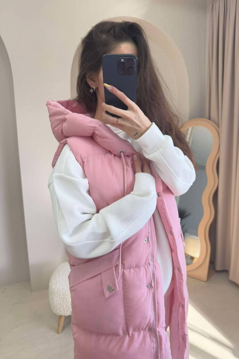 ONE COLOR LONG HOOD WOMEN VEST BABY PINK/ROZB - 2