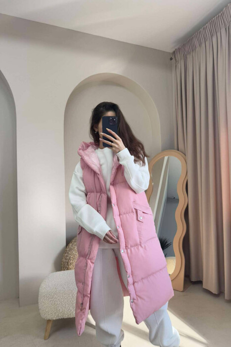 ONE COLOR LONG HOOD WOMEN VEST BABY PINK/ROZB - 3