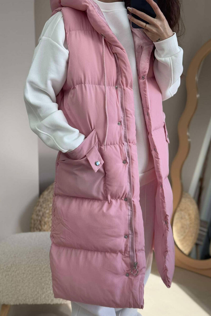 ONE COLOR LONG HOOD WOMEN VEST BABY PINK/ROZB - 4