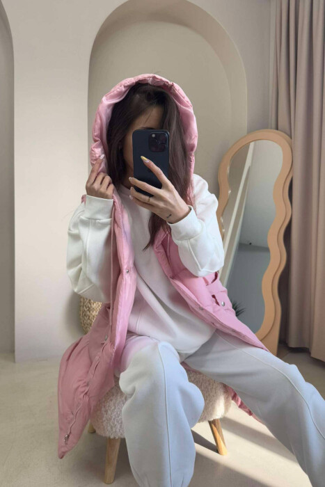 ONE COLOR LONG HOOD WOMEN VEST BABY PINK/ROZB - 5