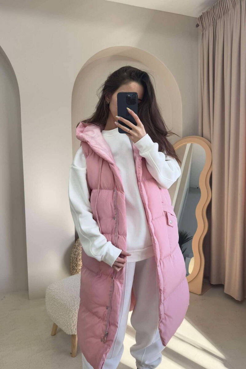 ONE COLOR LONG HOOD WOMEN VEST BABY PINK/ROZB - 6