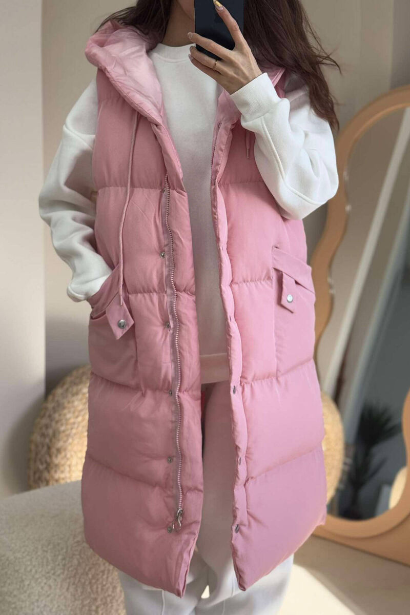 ONE COLOR LONG HOOD WOMEN VEST BABY PINK/ROZB - 7