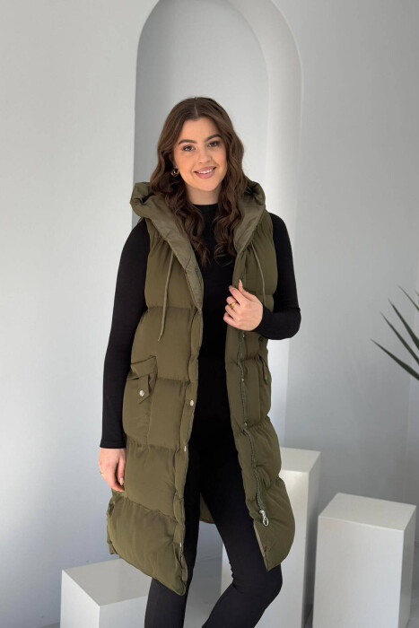 ONE COLOR LONG HOOD WOMEN VEST DARK GREEN/JEE - 1