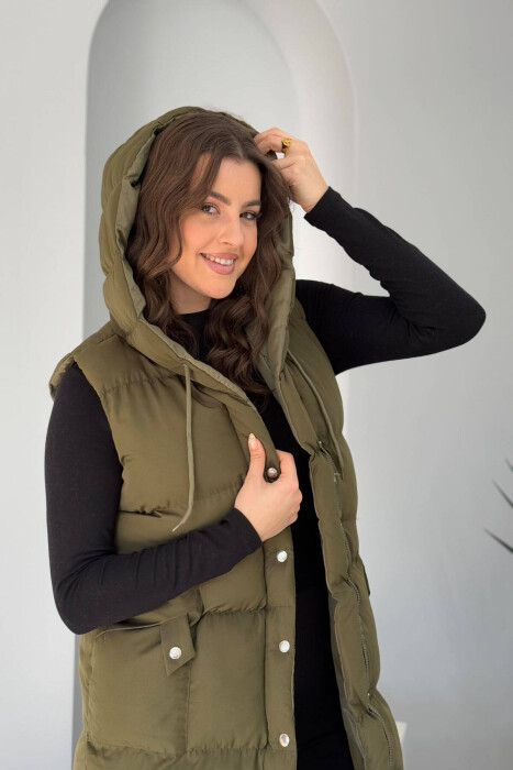 ONE COLOR LONG HOOD WOMEN VEST DARK GREEN/JEE - 3