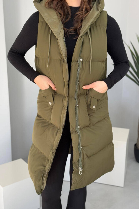 ONE COLOR LONG HOOD WOMEN VEST DARK GREEN/JEE - 4