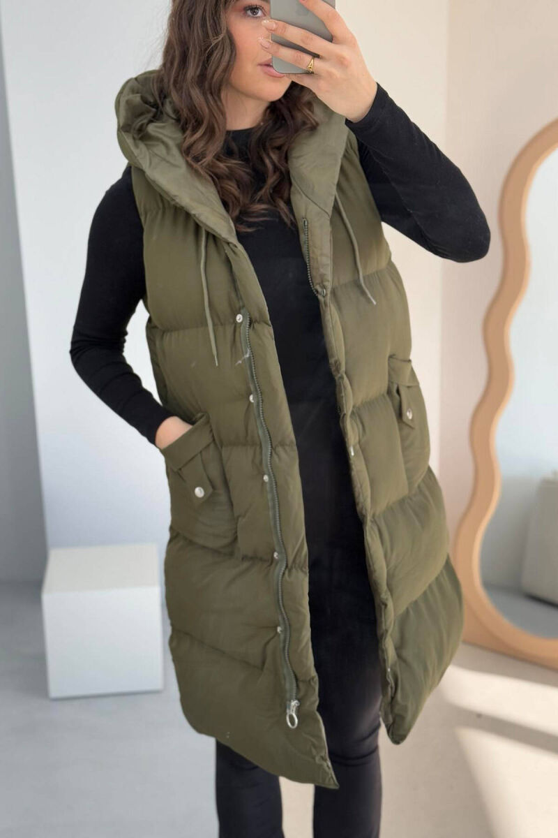 ONE COLOR LONG HOOD WOMEN VEST DARK GREEN/JEE - 5