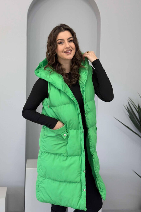 LONG HOOD WOMEN VEST IN LIGHT GREEN COLOR 