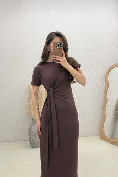 ONE COLOR LONG LACING DETAIL WOMEN DRESS BROWN/KAFE - 3