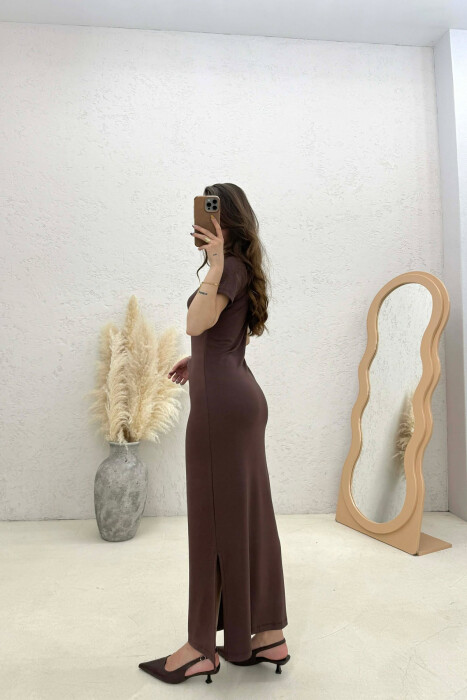 ONE COLOR LONG LACING DETAIL WOMEN DRESS BROWN/KAFE - 4