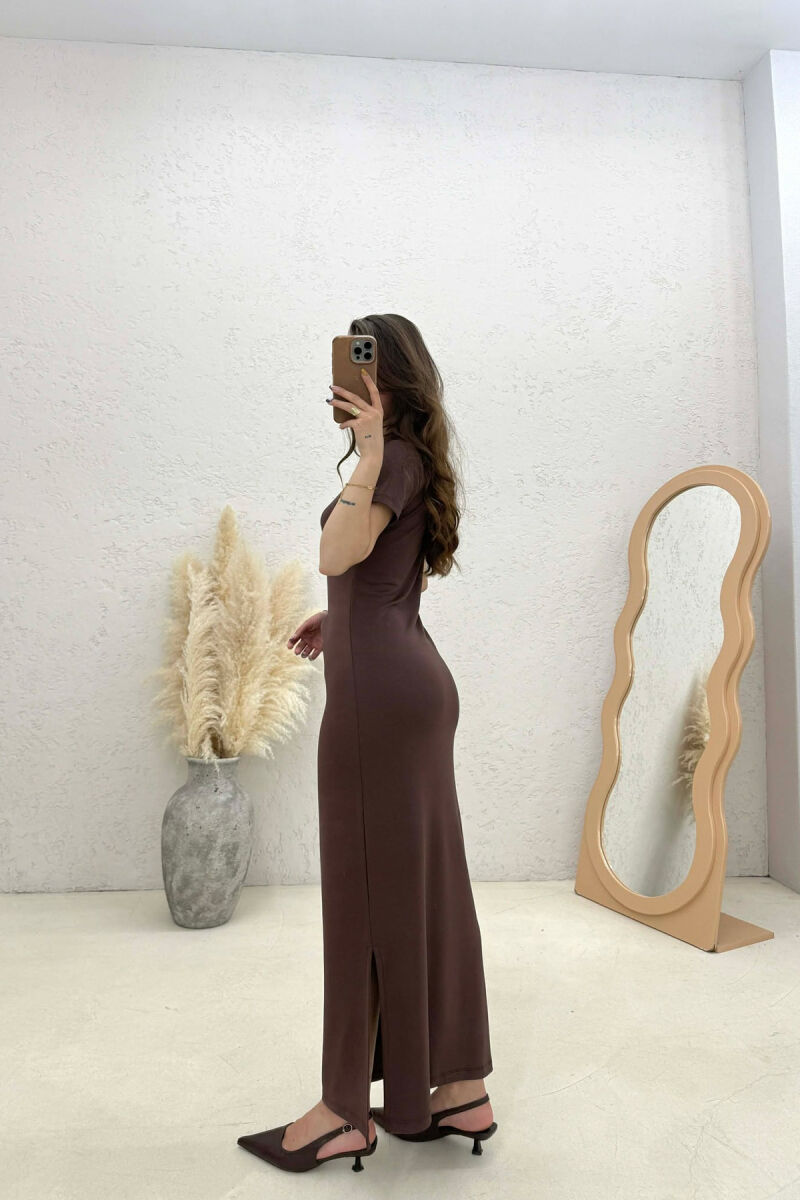 ONE COLOR LONG LACING DETAIL WOMEN DRESS BROWN/KAFE - 4