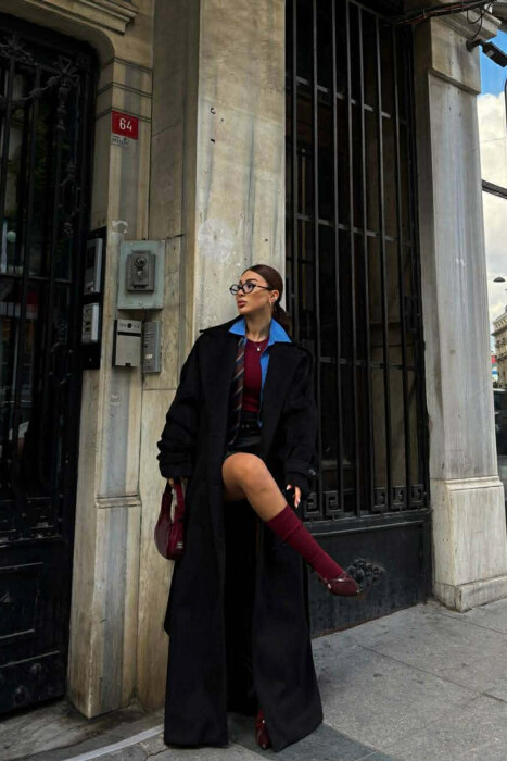 ONE COLOR LONG OVERSIZE WOMEN COAT BLACK/ E ZEZE - 4