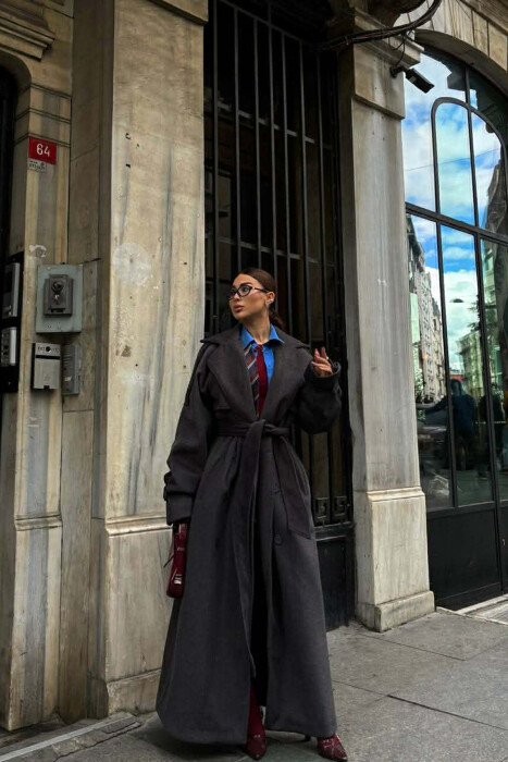 ONE COLOR LONG OVERSIZE WOMEN COAT DARK GREY/GEE 