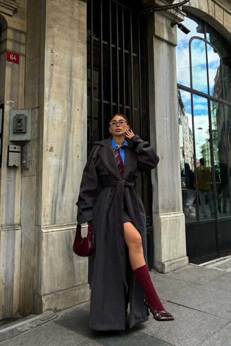 ONE COLOR LONG OVERSIZE WOMEN COAT DARK GREY/GEE - 2