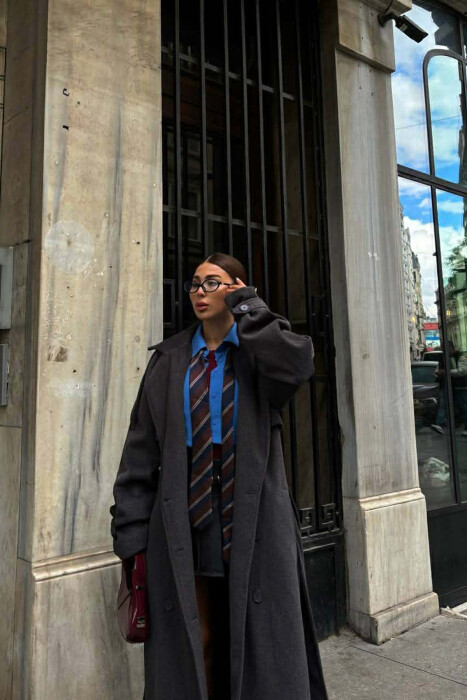 ONE COLOR LONG OVERSIZE WOMEN COAT DARK GREY/GEE - 6