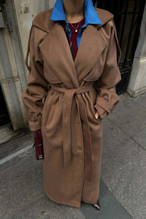 ONE COLOR LONG OVERSIZE WOMEN COAT LIGHT BROWN/KAZB - 2