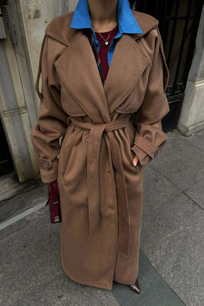 ONE COLOR LONG OVERSIZE WOMEN COAT LIGHT BROWN/KAZB - 2