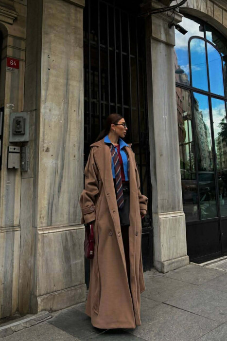 ONE COLOR LONG OVERSIZE WOMEN COAT LIGHT BROWN/KAZB - 4