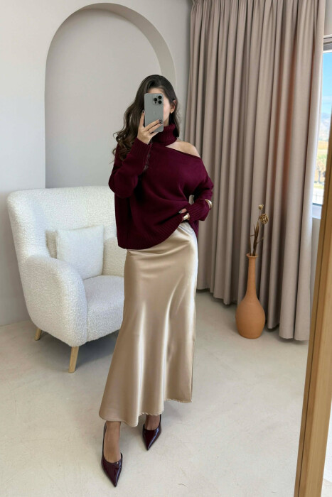 ONE COLOR LONG SATIN WOMEN SKIRT BEIGE/BEZHE - 1