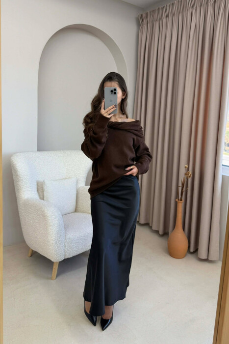 ONE COLOR LONG SATIN WOMEN SKIRT BLACK/ E ZEZE - 1