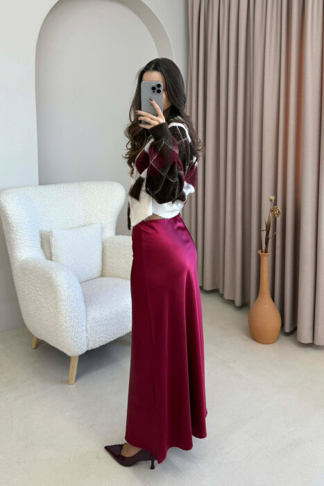 ONE COLOR LONG SATIN WOMEN SKIRT BURGUNDY/VISHNJE - 2