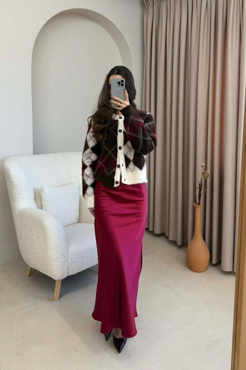 ONE COLOR LONG SATIN WOMEN SKIRT BURGUNDY/VISHNJE - 3