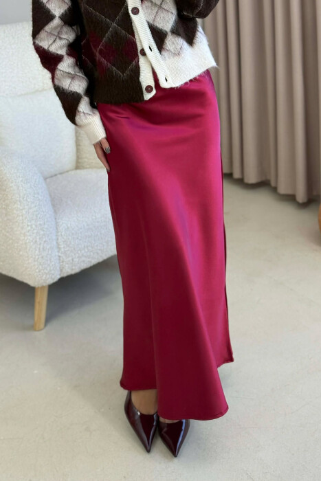ONE COLOR LONG SATIN WOMEN SKIRT BURGUNDY/VISHNJE - 4