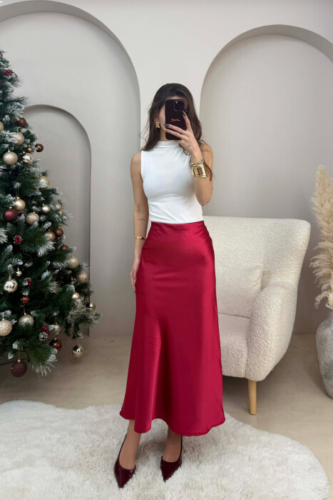ONE COLOR LONG SATIN WOMEN SKIRT RED/E KUQE - 4