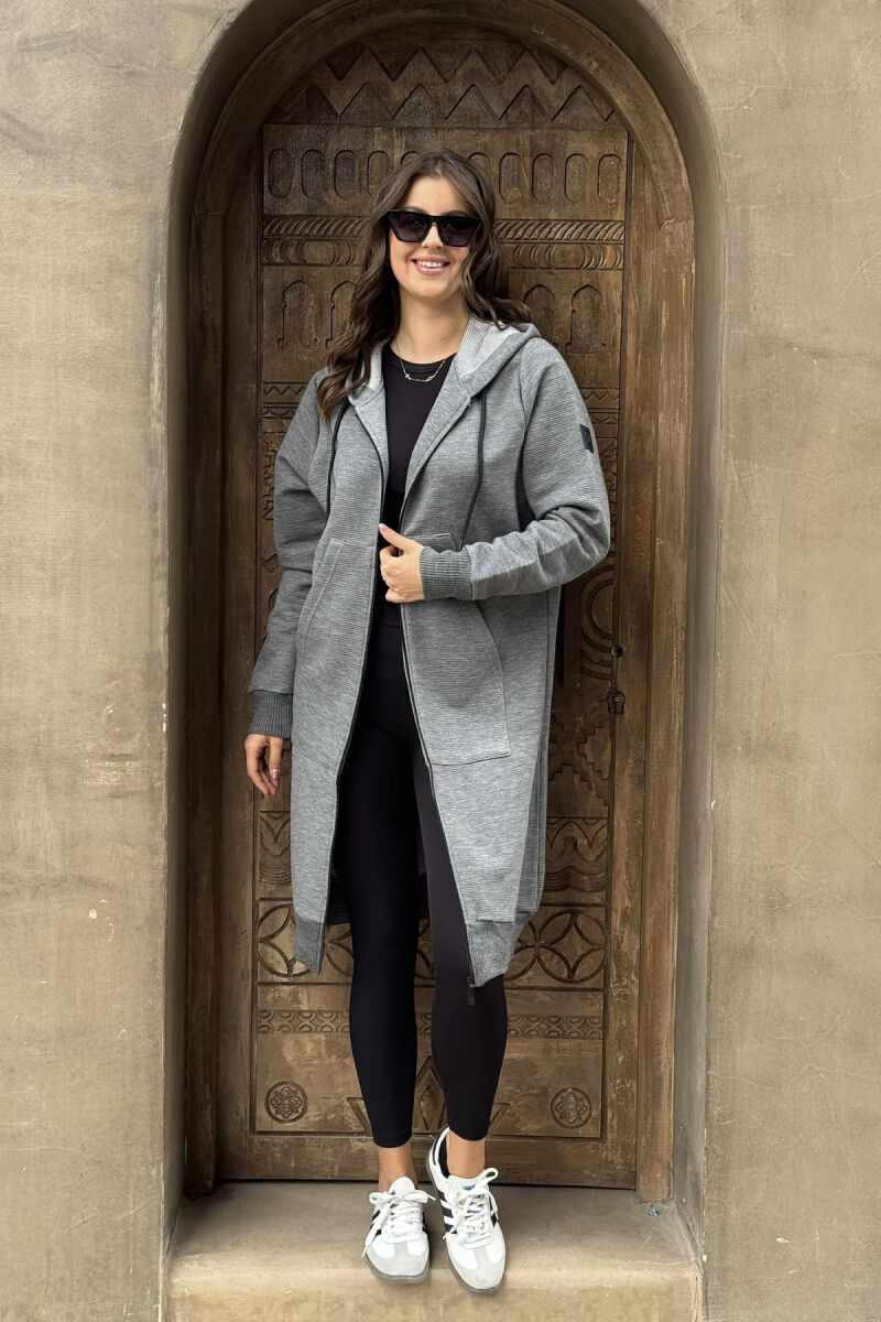 ONE COLOR LONG SIMPLE HOOD WOMEN JACKET GREY/GRI - 1